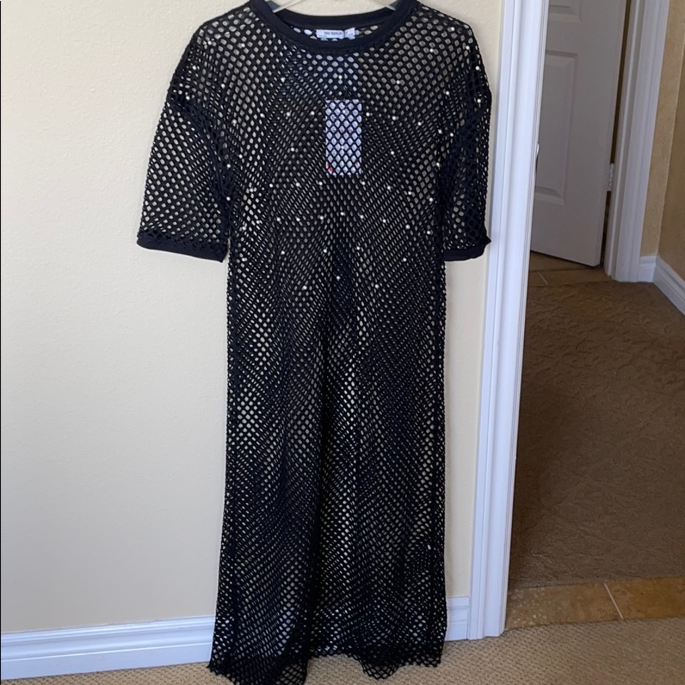 Zara black fishnet pearl embellished dress